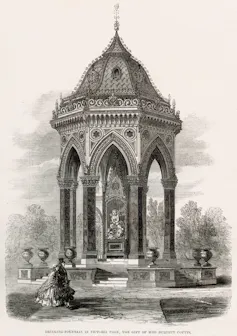 Archival illustration of a large, ornate drinking fountain structure.