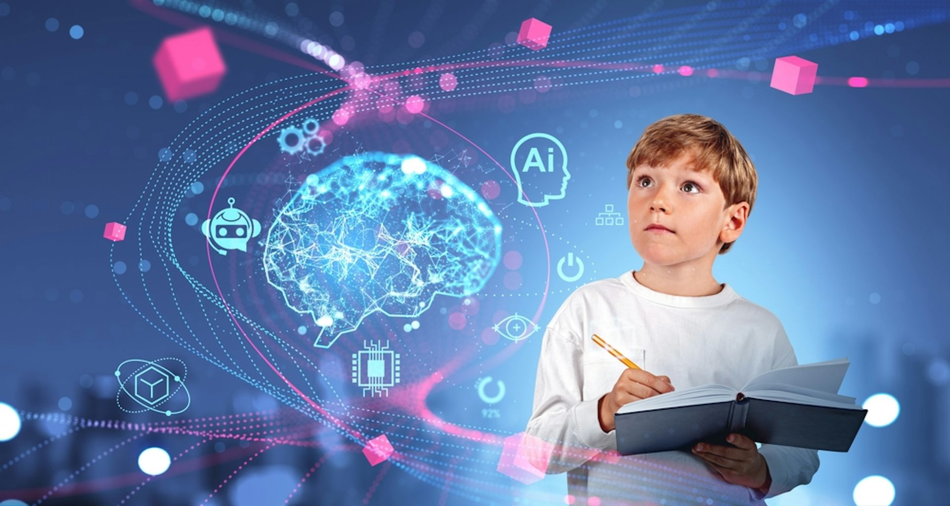 Hologramme numérique du cerveau avec l’IA, icônes du chat et enfant prenant des notes