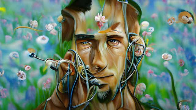 Computer generated image of man's face with wires spilling out of his ears.
