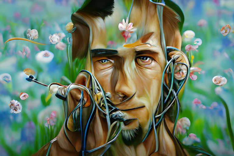 Computer generated image of man's face with wires spilling out of his ears.