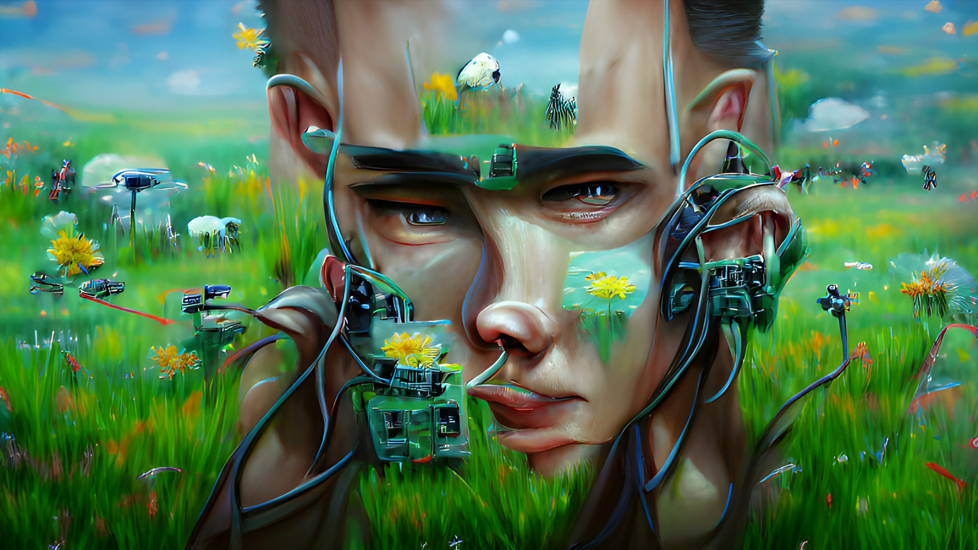 Computer generated image made to look like a painting of a face with wires spilling out of its head surrounded by a field of grass and flowers.
