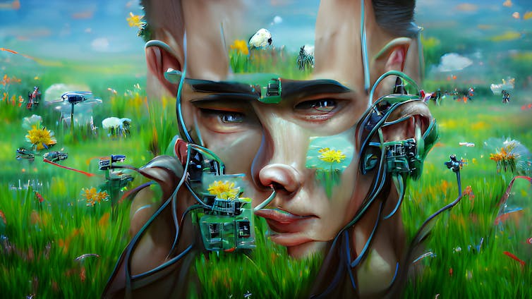 Computer generated image made to look like a painting of a face with wires spilling out of its head surrounded by a field of grass and flowers.