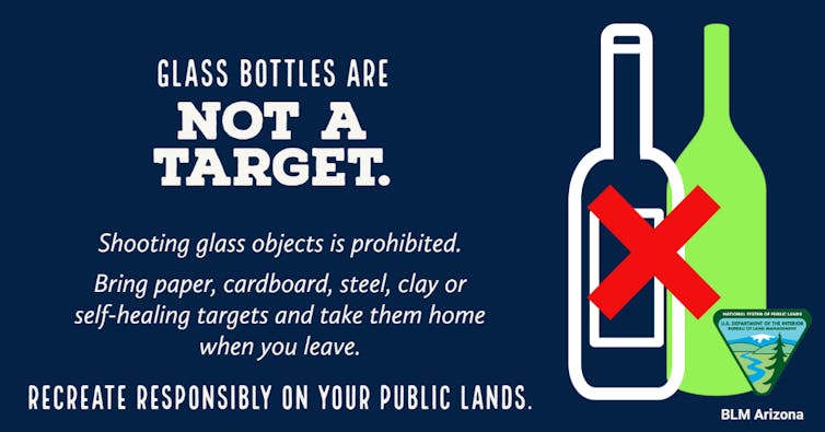 A poster warns recreational shooters against using glass bottles as targets.