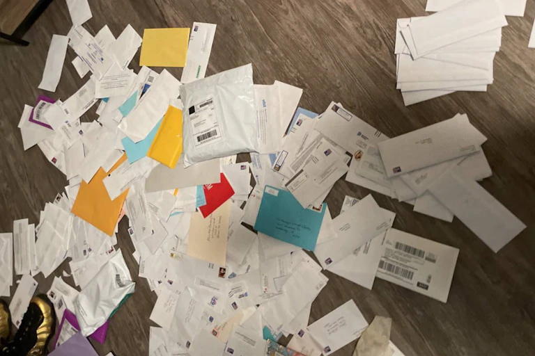 A pile of checks and other mail likely stolen from mailboxes scattered on the floor