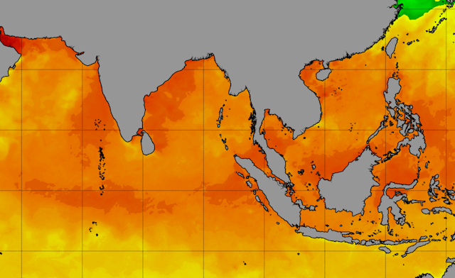 A satellite map colored by sea surface temperature shows high heat across the Indian Ocean and across Southeast Asia.