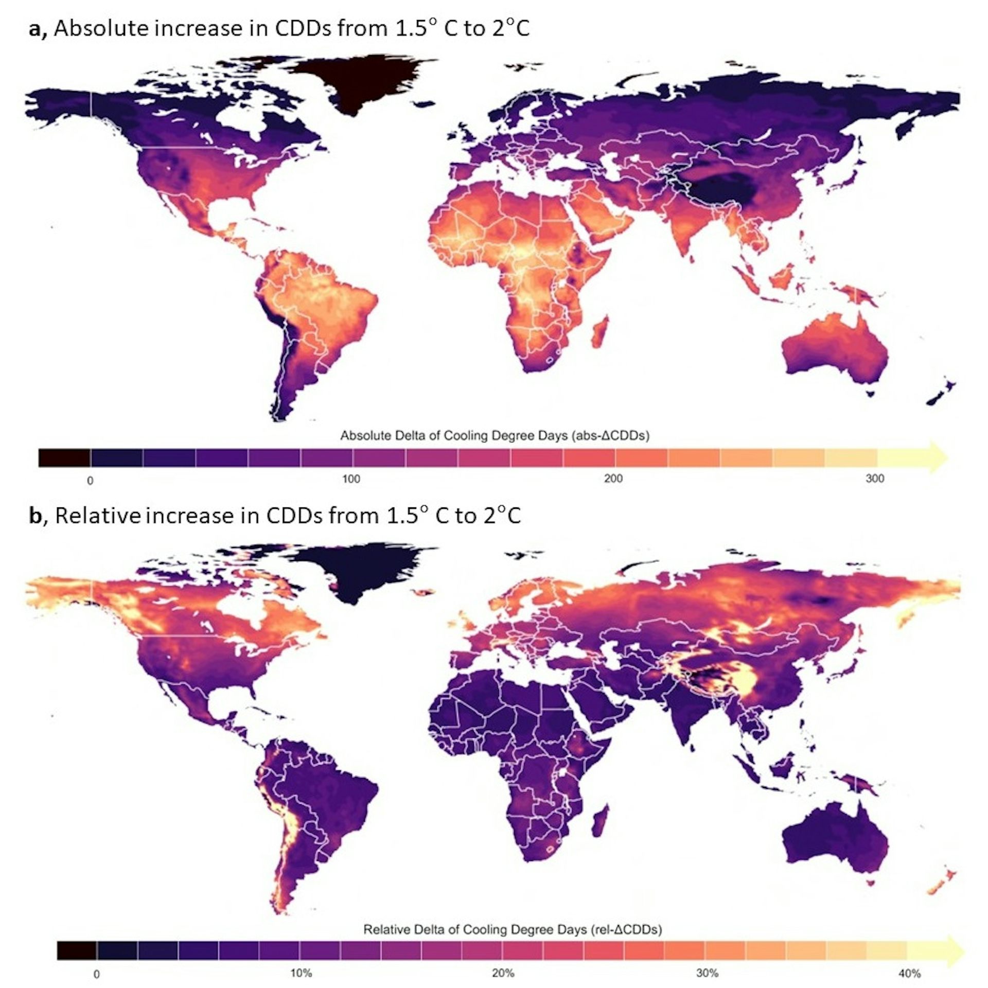 Two world maps showing the absolute and relative increase in cooling degree days.