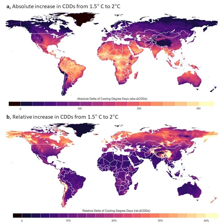 Two world maps showing the absolute and relative increase in cooling degree days.