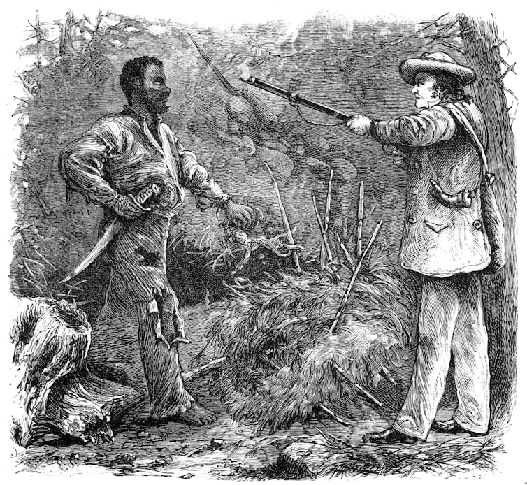 A Black man holding a knife faces a white man holding a gun.