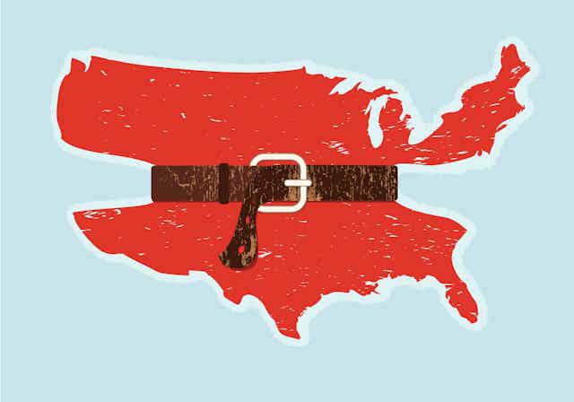 Picture in which a map of the U.S. is like a waist cinched by a tightened belt.