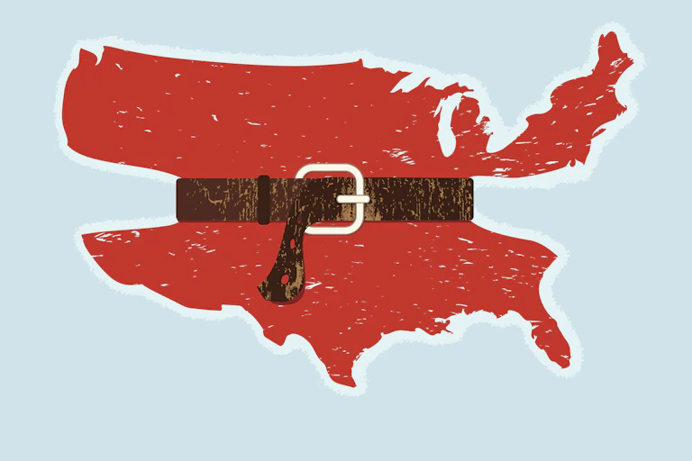 Picture in which a map of the U.S. is like a waist cinched by a tightened belt.