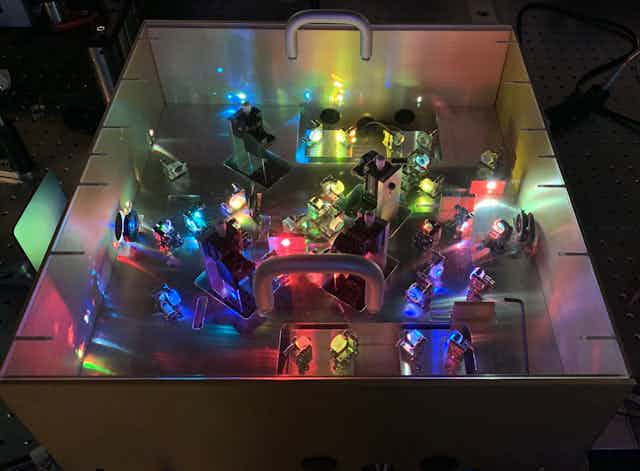 Electronics illuminated by different colors of light.