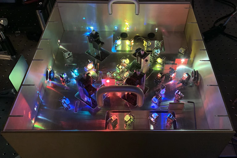 Electronics illuminated by different colors of light.