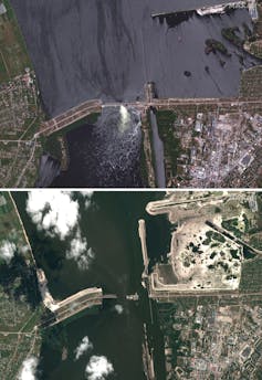 Two satellite images show a dam from above before and after its collapse.