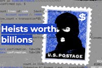 Graphic showing a masked criminal on a stamp and saying 'Heists worth billions'