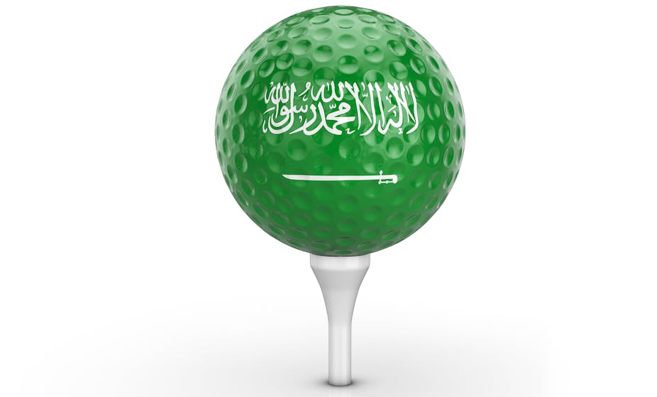 Green golf ball with white Arabic lettering and sword.