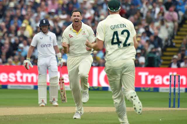 Scott Boland celebrates after taking a wicket during the Ashes at Edgbaston