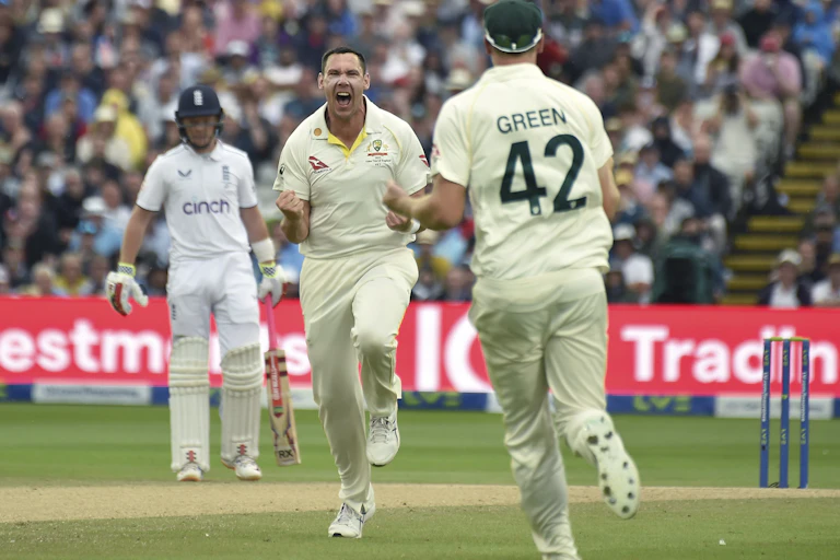 Scott Boland celebrates after taking a wicket during the Ashes at Edgbaston