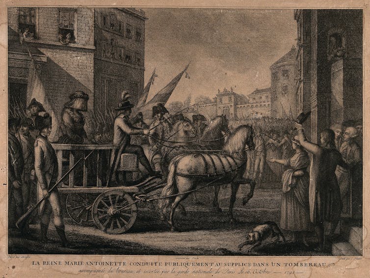 La reina María Antonieta conducida a su ejecución en un carro de caballos el 16 de octubre de 1793.