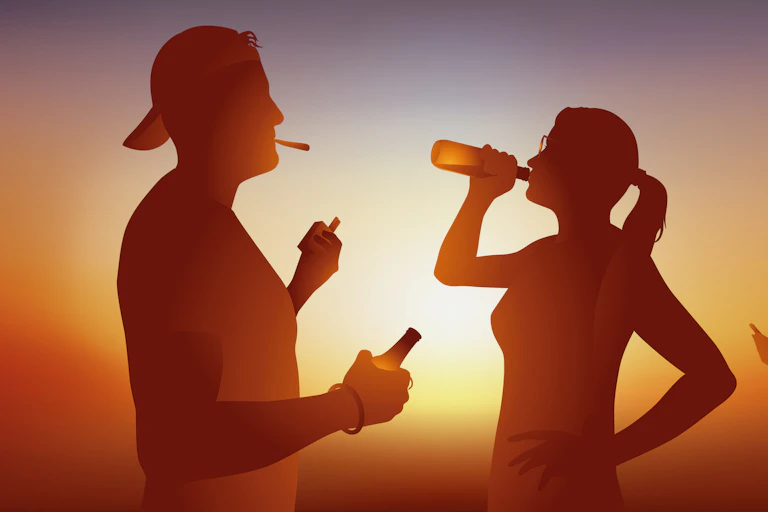 Trois jeunes boivent de la bière en fumant des cigarettes ou des drogues.