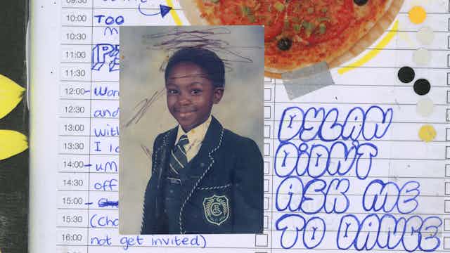 A photo of a smiling young schoolgirl set against a personal diary with writing in blue ballpoint pen and a photo of a pizza stuck to the page.