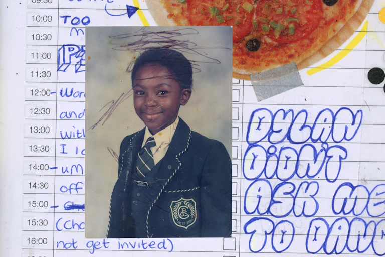 A photo of a smiling young schoolgirl set against a personal diary with writing in blue ballpoint pen and a photo of a pizza stuck to the page.