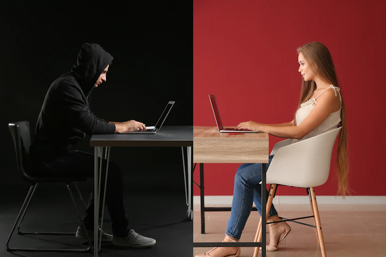 Young woman having online date with fake boyfriend
