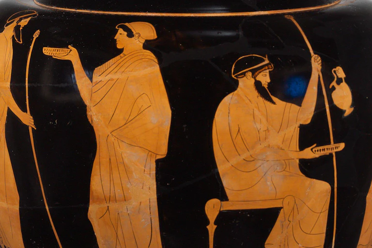 An ancient Greek vase picturing a scene of every day life. A man and a woman stand with their backs to each other, receiving food.