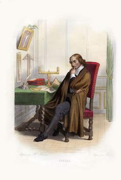 Illustration of a man in seventeenth century clothing, sitting at a desk, looking at mathematical