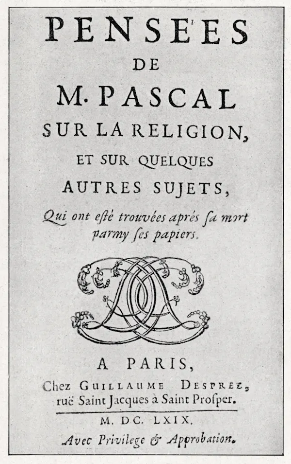 Cover page of book that says Pensees De M Pascal
