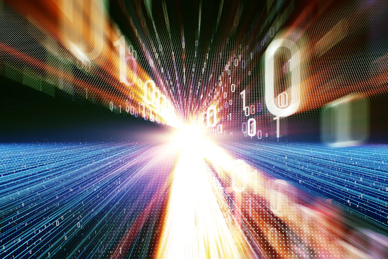 A lens flare and binary code on a blue golden background