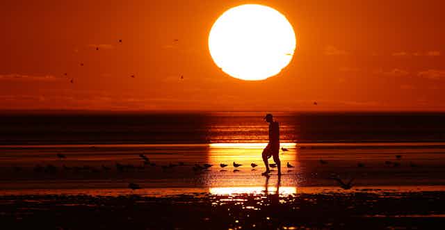 Sun shines on man walking along beach
