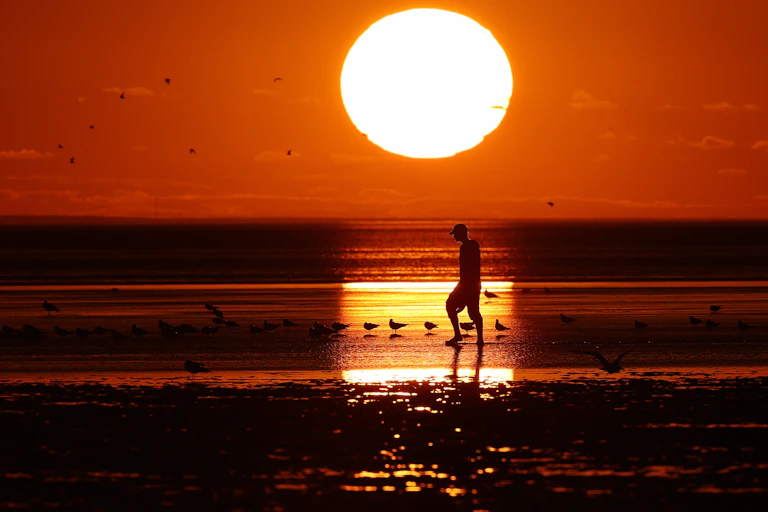 Sun shines on man walking along beach
