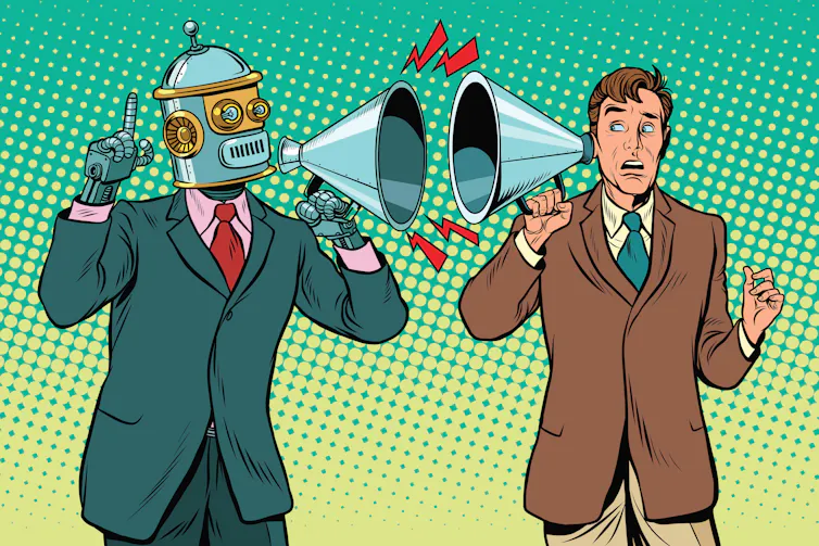 robot parlant à un humain a travers un mégaphone