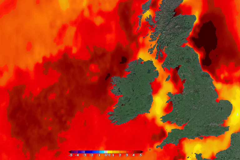 Shaded map of oceans around UK and Ireland