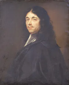 A painted portrait of a man with long dark hair, wearing a dark robe