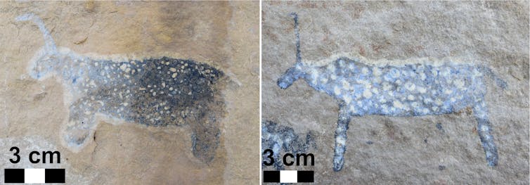 Buck with horns that point forward depicted in a rock painting with blue bodies and white spots.