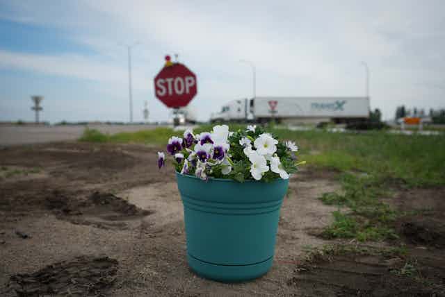 Flowers in a bucket by the side of a road. A stop sign and semi truck are seen in the distance.