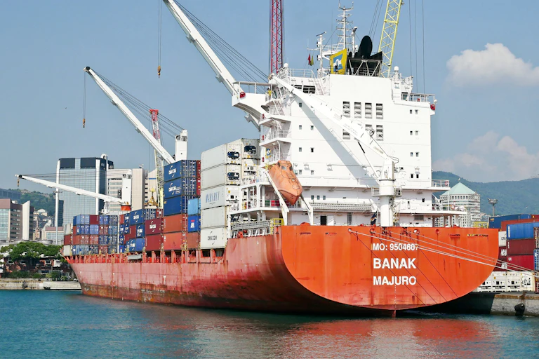 Rear view of container ship in port