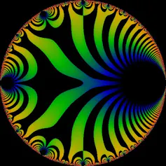 A circle containing curving black stripes against other colors, mostly yellow, green, and blue.