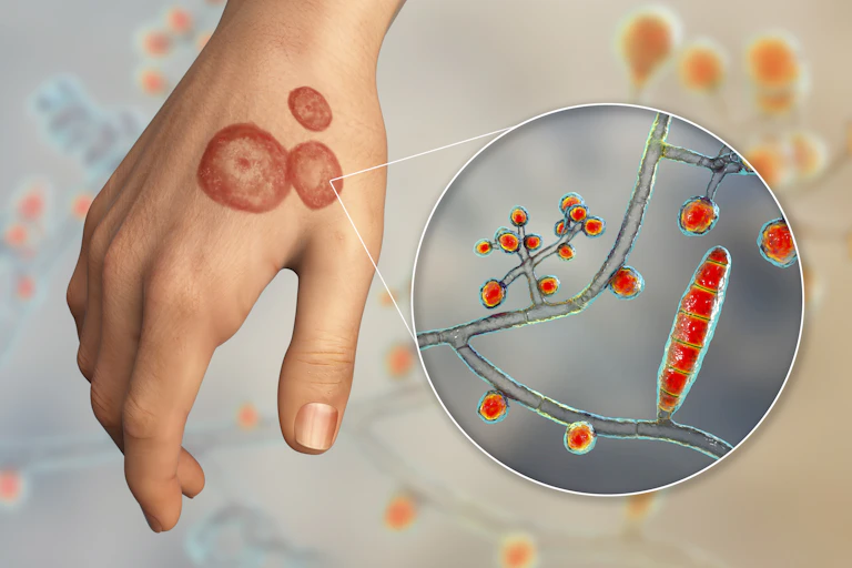 Illustration of ringworm showing the characteristic circles on a hand and a microscopic image on the side.