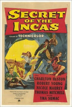 Un cartel de cine en el que un hombre con cazadora y sombrero corre y coge a una mujer de la mano.