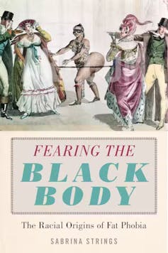 A book cover with an drawing of Sara Baartman, and African women displayed in a zoo in 1800s England, for her body shape