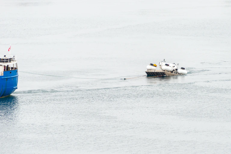 A large boat pulls a much smaller vessel on the open ocean