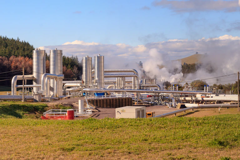 Geothermal power station pipeline and steam, Wairakei, New Zealand