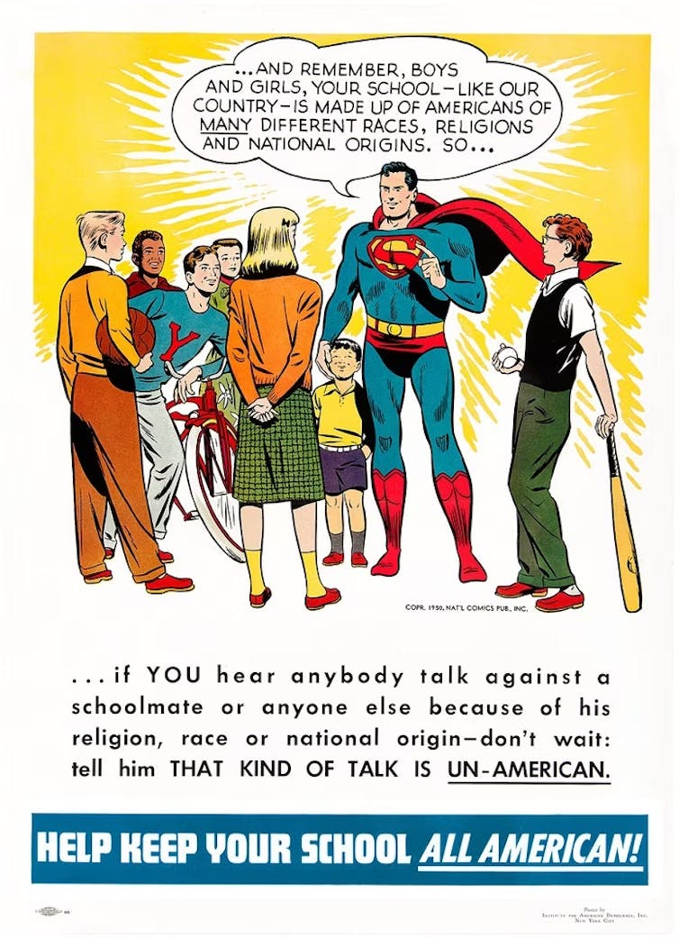 A comic depicting Superman talking to people about treating others with respect and dignity.