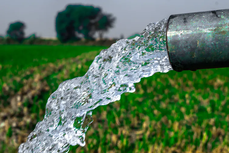 A metal pipe expelling clear water onto a green farm field.