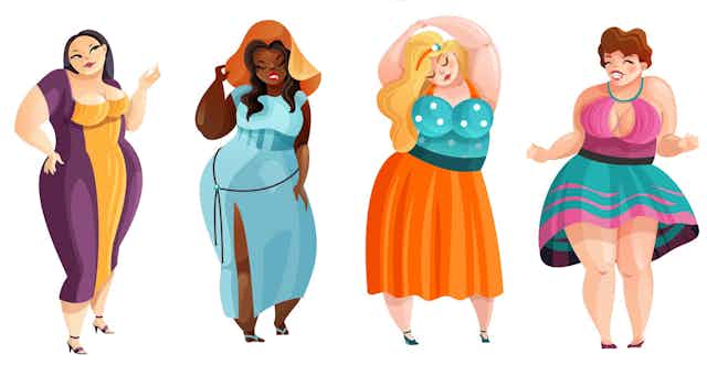 A drawing of four elegantly dressed women of varying size