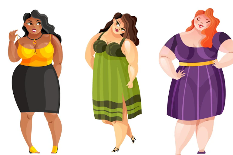 A drawing of four elegantly dressed women of varying size