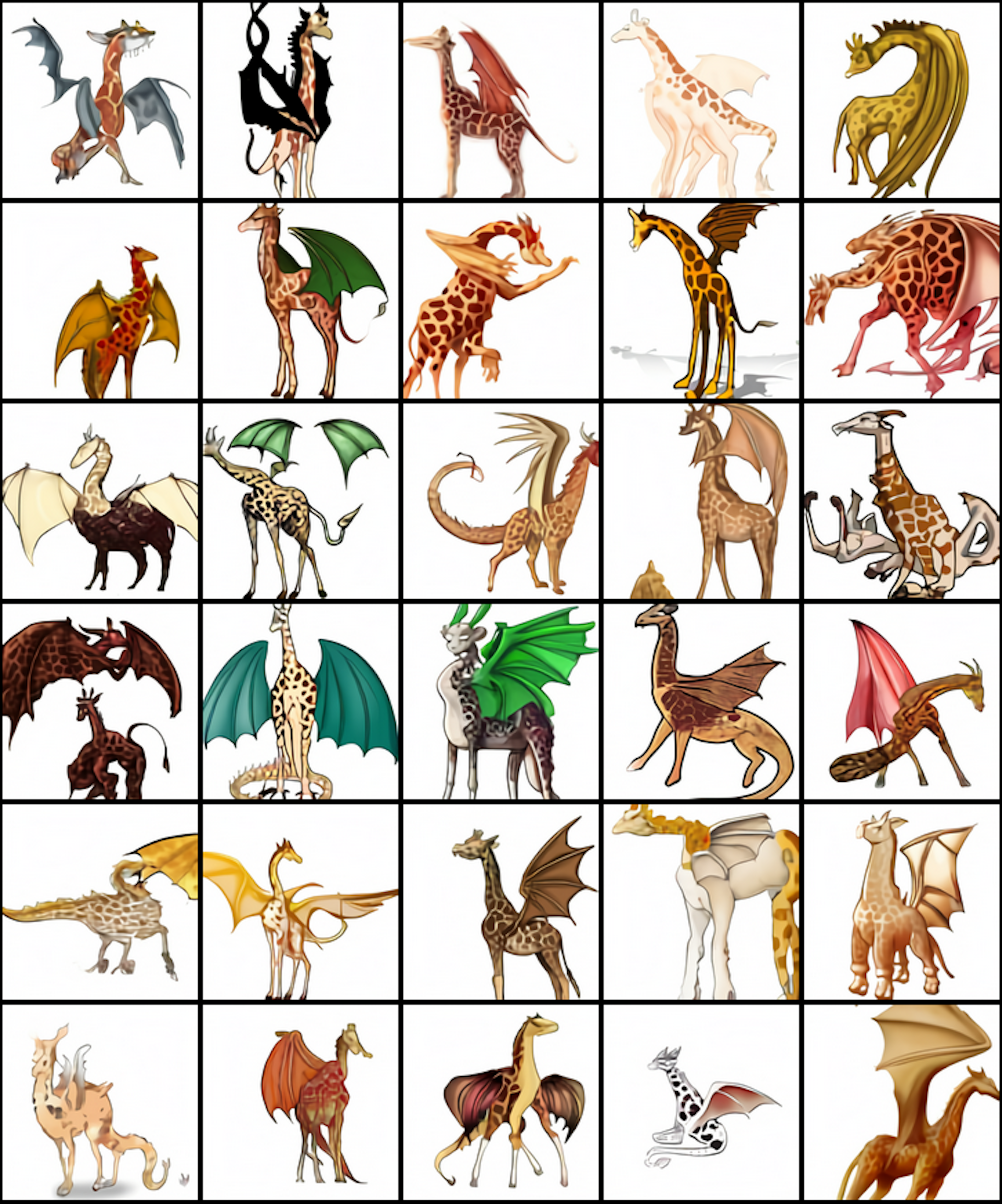 Grid of different cartoon images of an animal with wings created by generative AI.