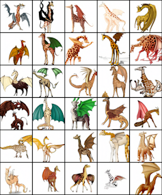 Grid of different cartoon images of an animal with wings.